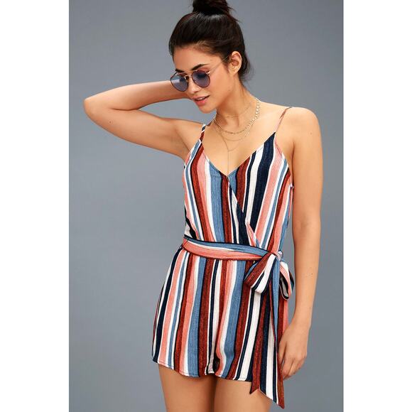 Lulu’s - Angelene Blue & Orange Striped Sleeveless Romper - Size Small - Picture 2 of 9